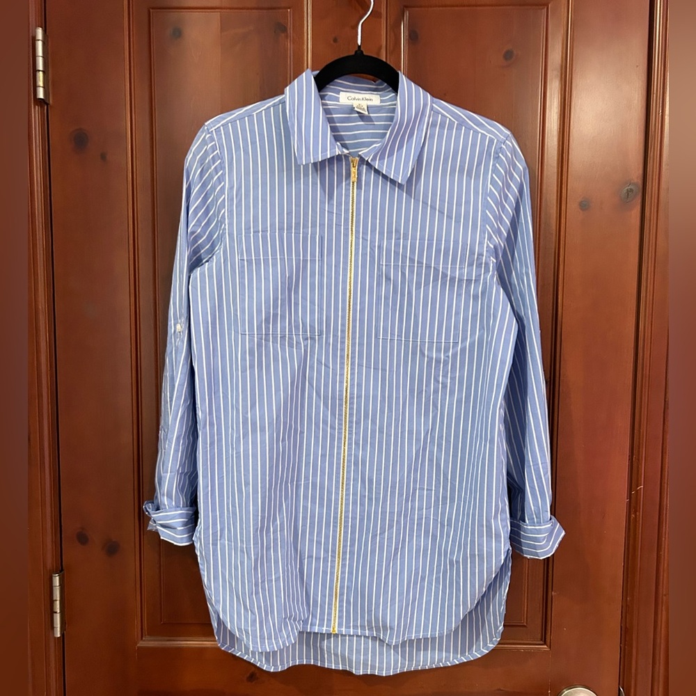 Striped Blue Calvin Klein Dress Shirt with Zipper